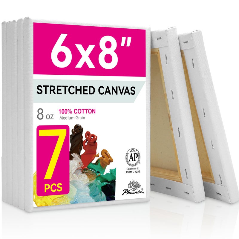 PHOENIX Stretched Canvas for Painting 6x8 Inch/7 Value Pack, 8 Oz Triple Primed 5/8 Inch Profile 100% Cotton White Blank Canvas, Small Framed Canvas for Oil Acrylic & Pouring Art - Image 1